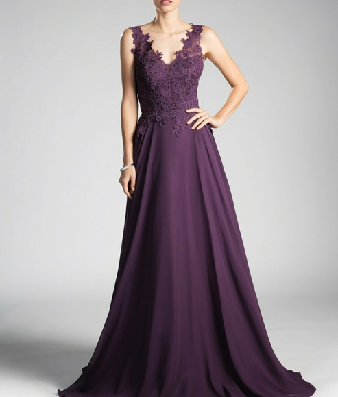 9177 Dresses & Skirts - COPY - PURPLE, PINK, ETC..V NECK LACE BODICE EVENING PROM GOWN